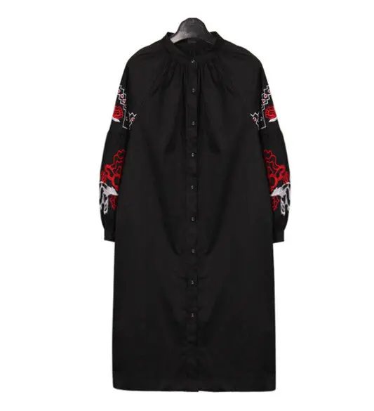 Luxury Embroidery Geometric Flower Shirt Dress Women Stand Collar Lantern Sleeve Loose Short Dresses Large Size 1