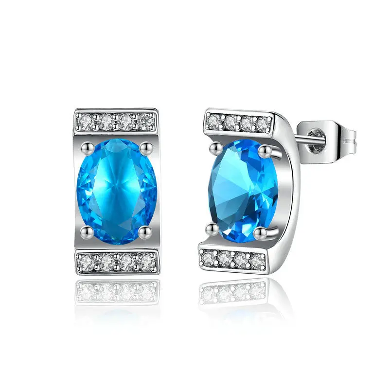 Luxury Femme Ocean Blue Glass Stone 18K White Gold Plated Stud Earrings 1