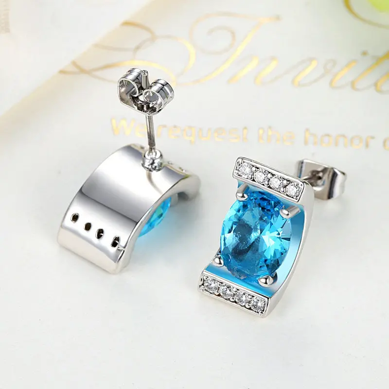 Luxury Femme Ocean Blue Glass Stone 18K White Gold Plated Stud Earrings 2