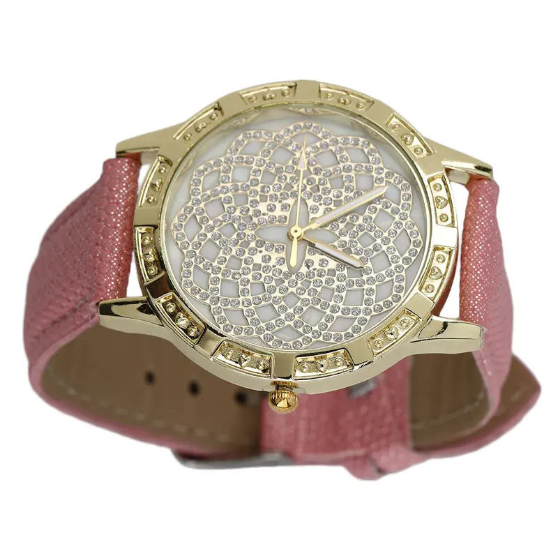 Luxury Ladies Watch Golden Shell Rhinestone Flower Dial Leather Watchband With Pinkwhite Color 1