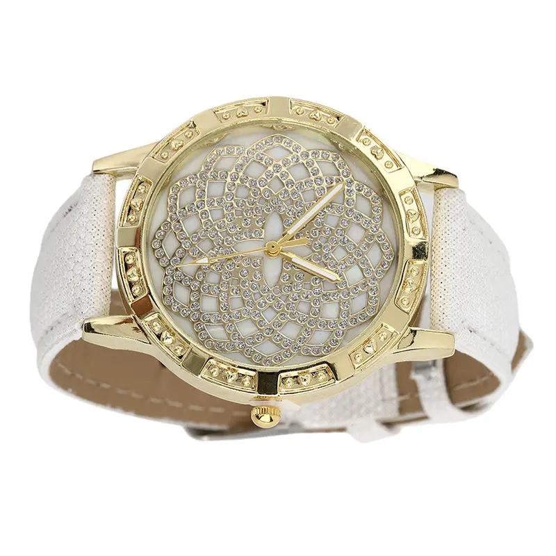Luxury Ladies Watch Golden Shell Rhinestone Flower Dial Leather Watchband With Pinkwhite Color 2