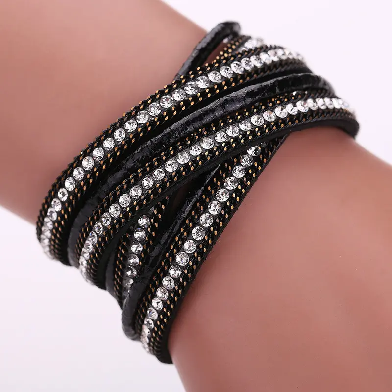 Luxury Leather Braid Crystal Magnetic Buckle Bracelet Wrist Strap Muiltilayer Women Rhinestone Bangles Fashion Jewelry Feminina 1