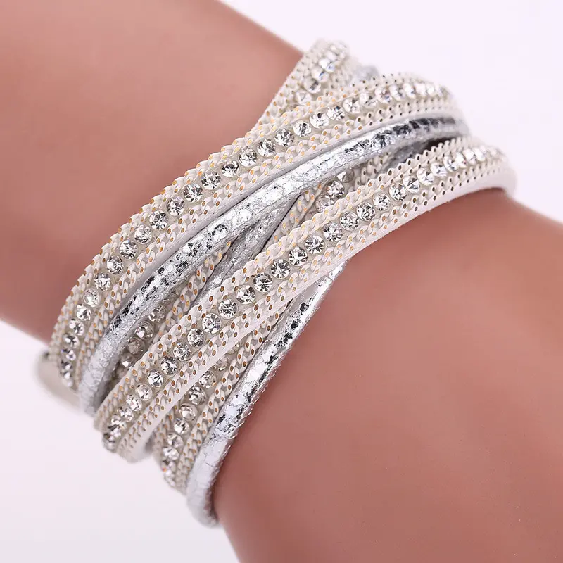 Luxury Leather Braid Crystal Magnetic Buckle Bracelet Wrist Strap Muiltilayer Women Rhinestone Bangles Fashion Jewelry Feminina 2