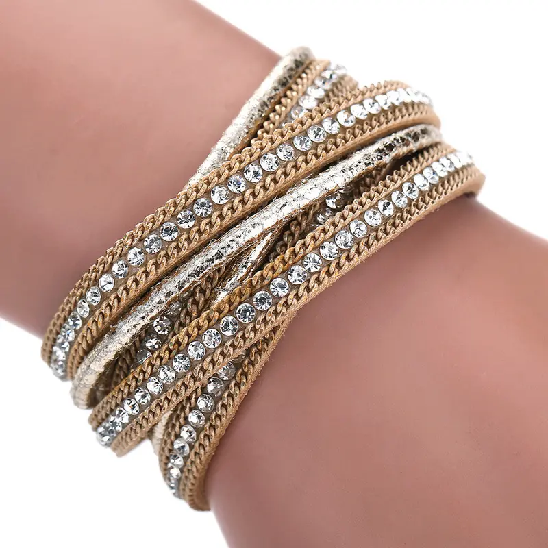 Luxury Leather Braid Crystal Magnetic Buckle Bracelet Wrist Strap Muiltilayer Women Rhinestone Bangles Fashion Jewelry Feminina 4