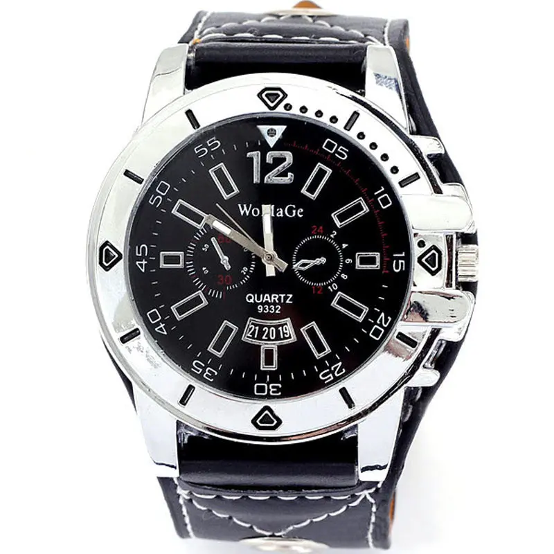 Luxury Men Watch Black Analog Sport Clocks Quartz Date Pu Leather Army Wrist Watch 2