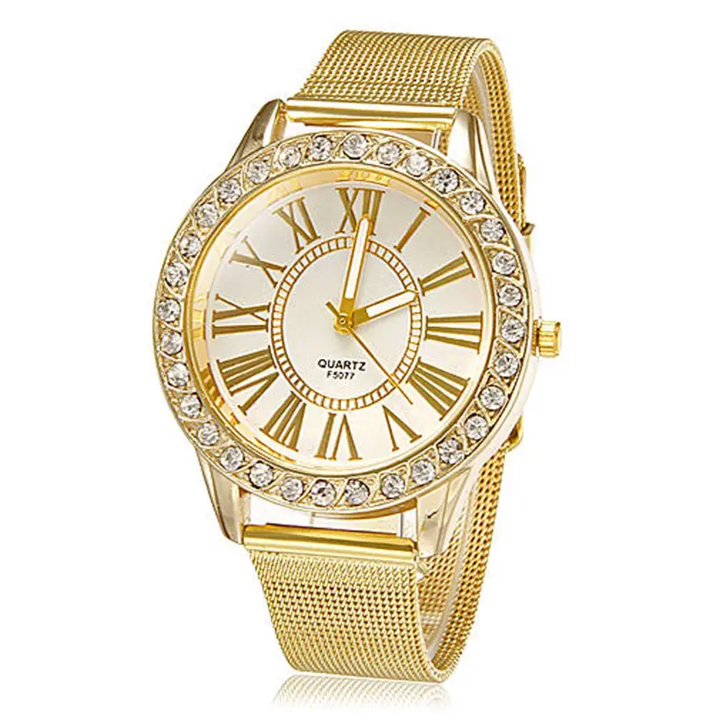 Luxury Mens Wristwatch Women Popular Gold Stainless Steel Band Crystal Wrist Watches Quartz Watch Bracelet Relogio 1