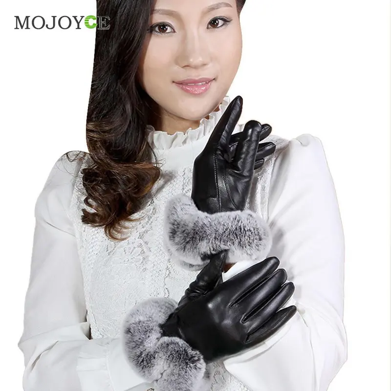 Luxury Warm Pu Leather Gloves Women Rabbit Fur Touch Screen Gloves One Size Women Gloves Hand Warmer Christmas Gift 1