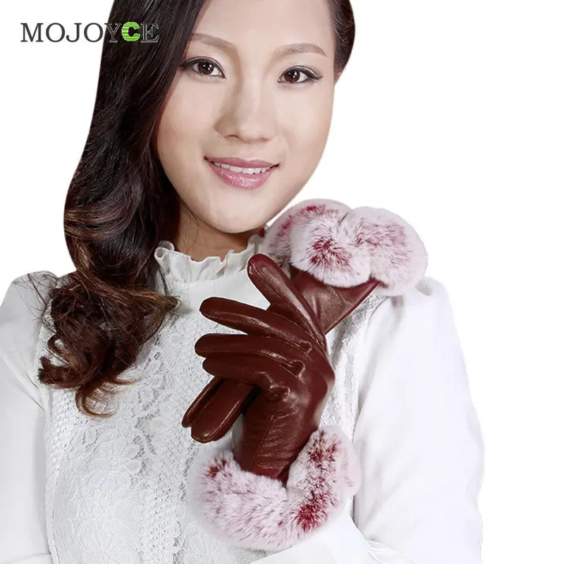 Luxury Warm Pu Leather Gloves Women Rabbit Fur Touch Screen Gloves One Size Women Gloves Hand Warmer Christmas Gift 2