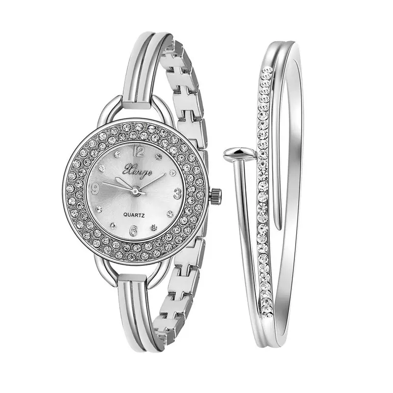 Luxury Watch Women Clock Silver Rhinestone Bangle Watch And Bracelet Gifts For Women Set 409S Feida 1