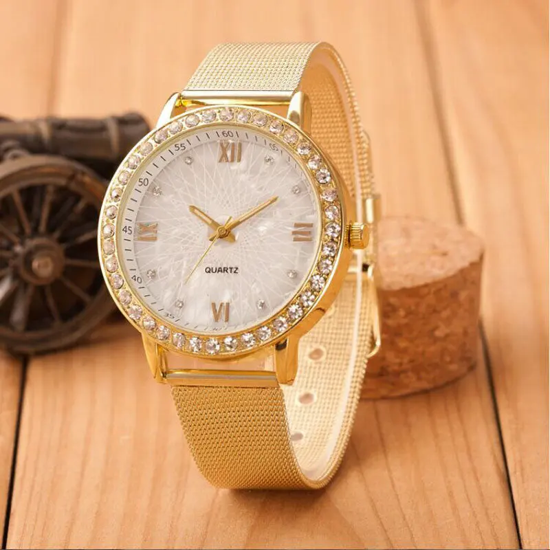 Luxury Watches Women Ladies Crystal Rhinestone Roman Numerals Gold Mesh Band Wrist Watch Montre Clock Feida 1