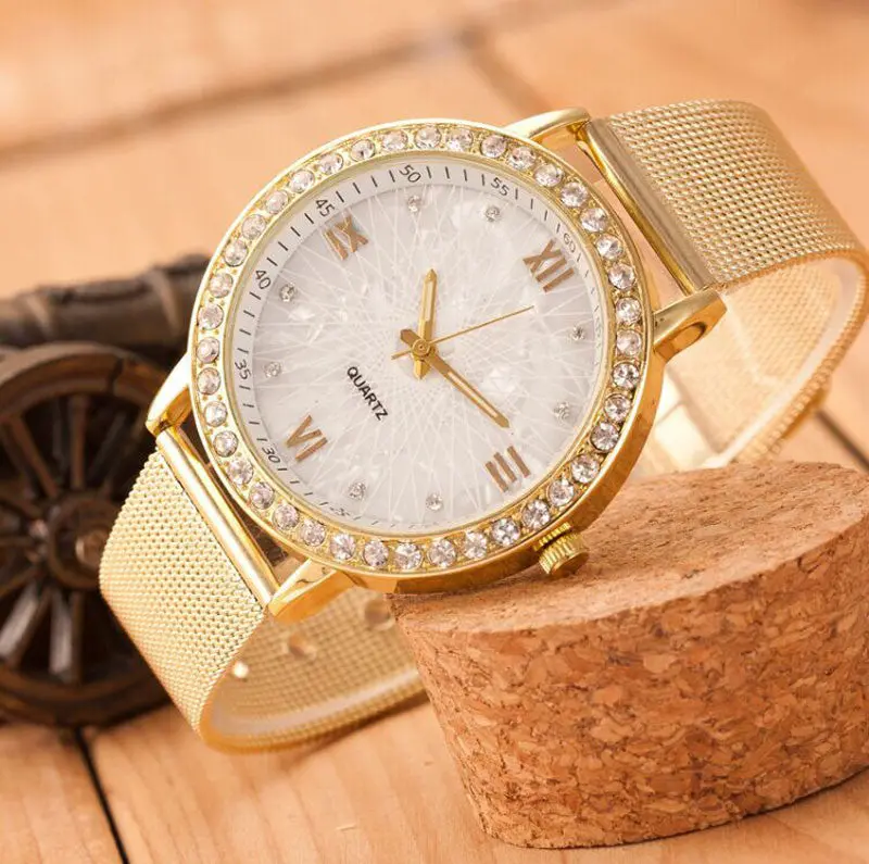 Luxury Watches Women Ladies Crystal Rhinestone Roman Numerals Gold Mesh Band Wrist Watch Montre Clock Feida 2