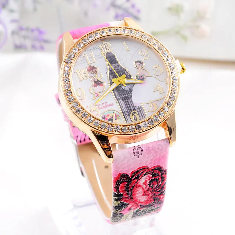 Luxury Women Watch Crystal Paris Wedding Lady Beauty Pu Leather Women Relojes Casual Lady Dress Clocks Bling 1