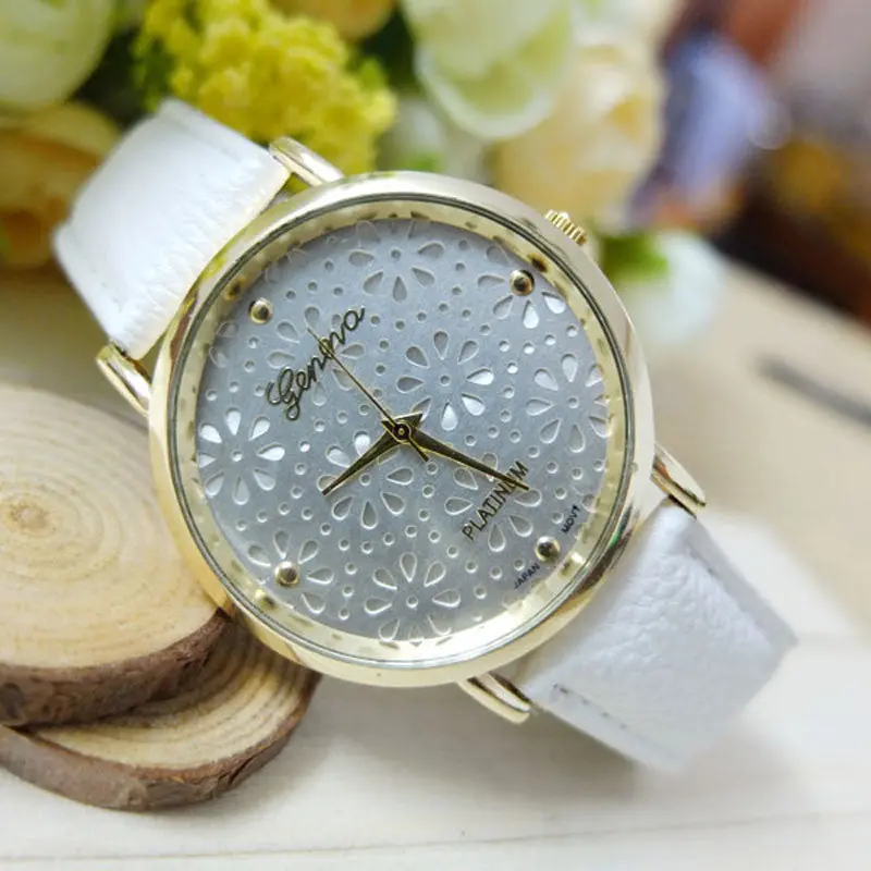 Luxury Women Watch Geneva Flower Relojes Faux Leather Analog Quartz Watch Relogio Feminino Gift 1