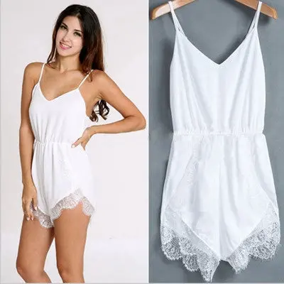 Ly Design Women Strap Sleeveless Lace Chiffon Party Jumpsuit Rompers Playsuit White Black Sexy Combinaison 4