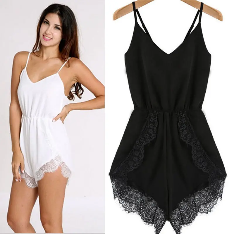 Ly Design Women Strap Sleeveless Lace Chiffon Party Jumpsuit Rompers Playsuit White Black Sexy Combinaison 6