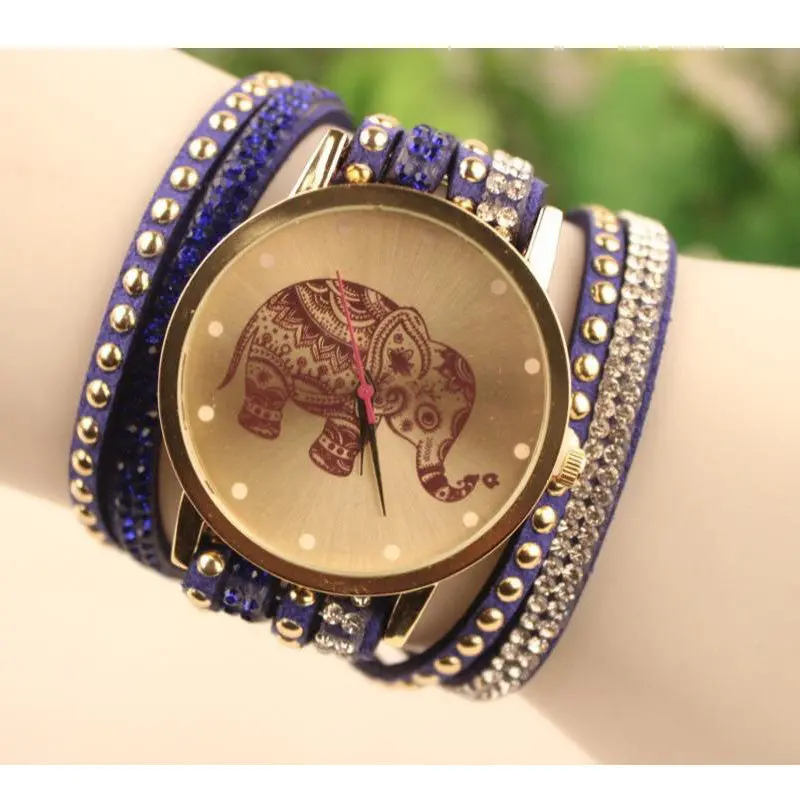 Ly Design Women Watces Luxury Rhinestone Watch Leather Velvet Crystal Bracelet Watch Elephant Pattern Clock 1