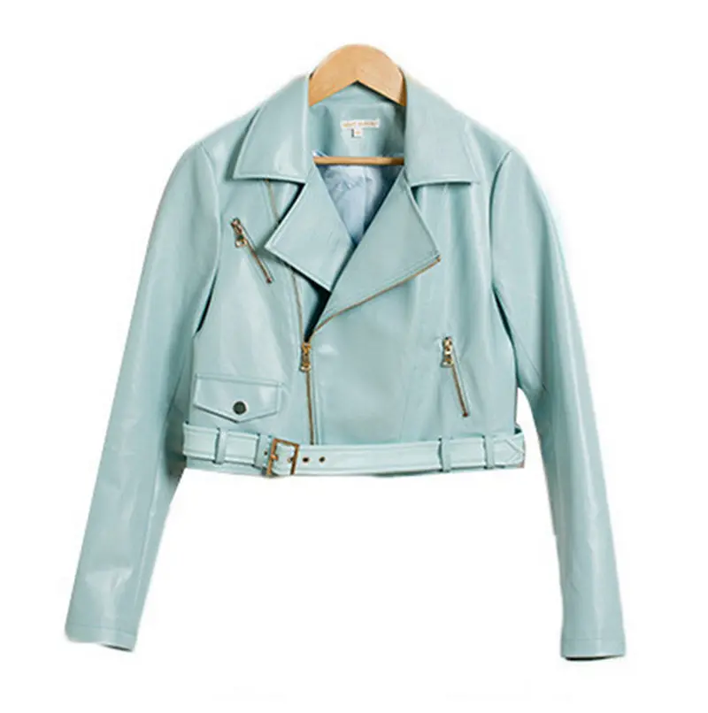 Macaron Blue Short Motorcycle Biker Pu Leather Jacket Women's Lapel Zipper Ajustable Waist Slim Faux Leather Coat Outerwear Tops 1