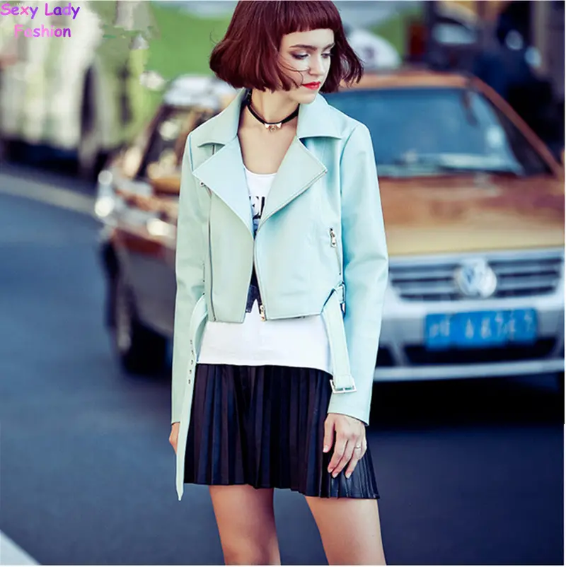 Macaron Blue Short Motorcycle Biker Pu Leather Jacket Women's Lapel Zipper Ajustable Waist Slim Faux Leather Coat Outerwear Tops 2