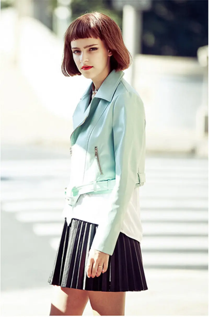 Macaron Blue Short Motorcycle Biker Pu Leather Jacket Women's Lapel Zipper Ajustable Waist Slim Faux Leather Coat Outerwear Tops 3