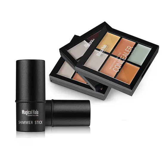 Magicalhalo 3 Pcs Face Makeup Cosmetics Set 6 Colors Concealer+Double Color Stereo Bronzing Powder+Shimmer Stick 1