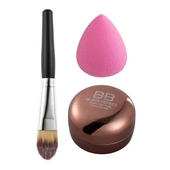 Makeup Combo Face Cream Camouflage Concealer + Foundation Brush Waterdrop Puff Black Canvas Pouch Cosmetics Kit 1