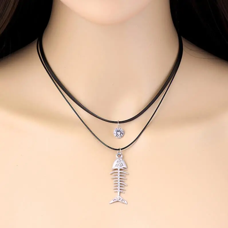 Matte Silver Crystal Skeleton Fish Necklace Black Leather Charm Necklace Girls Psxl032 1