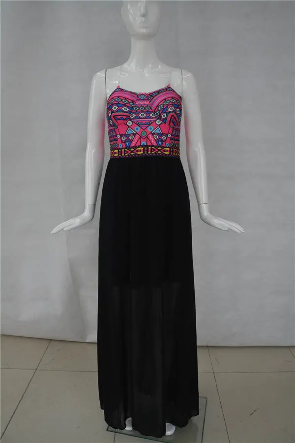 Maxi Dress Sexy Ethnic Style Strapless Women Maxi Dress Black Chiffon Patchwork Print Long Maxi Dress Casual Xl 1
