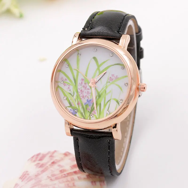 Meadow Shoes Pattern Leather Band Analog Quartz Women Watches Wristwatch Montre Feida 1