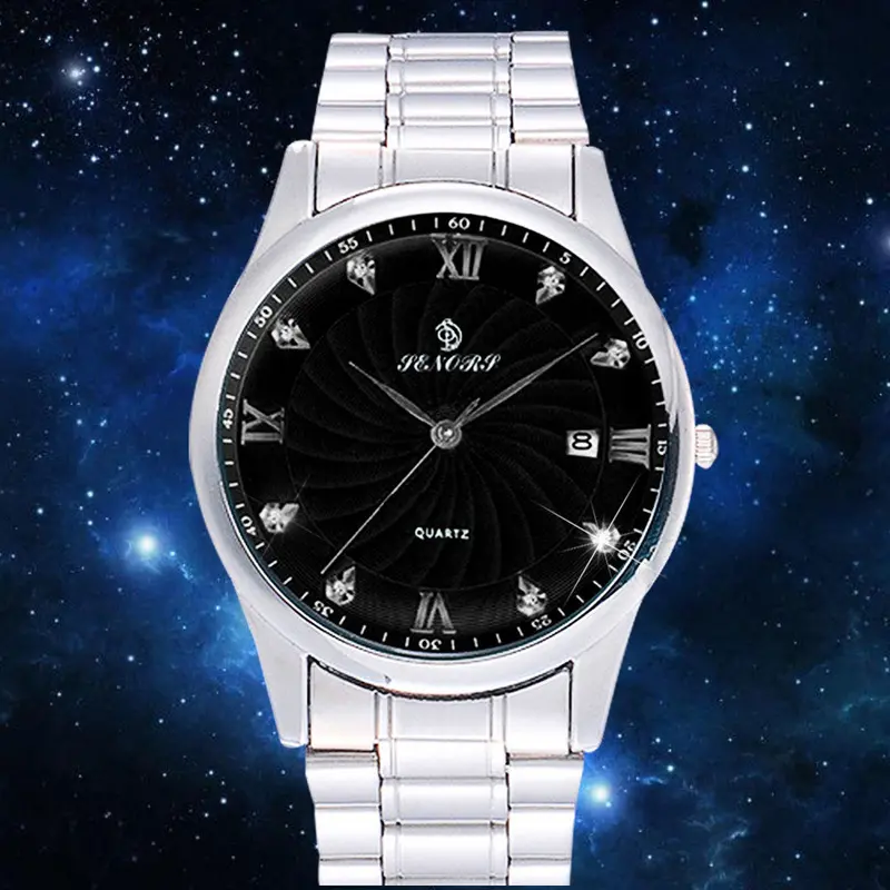 Men Crystal Rhinestore Watch Stainless Steel Band Quartz Wrist Watch Feida 1