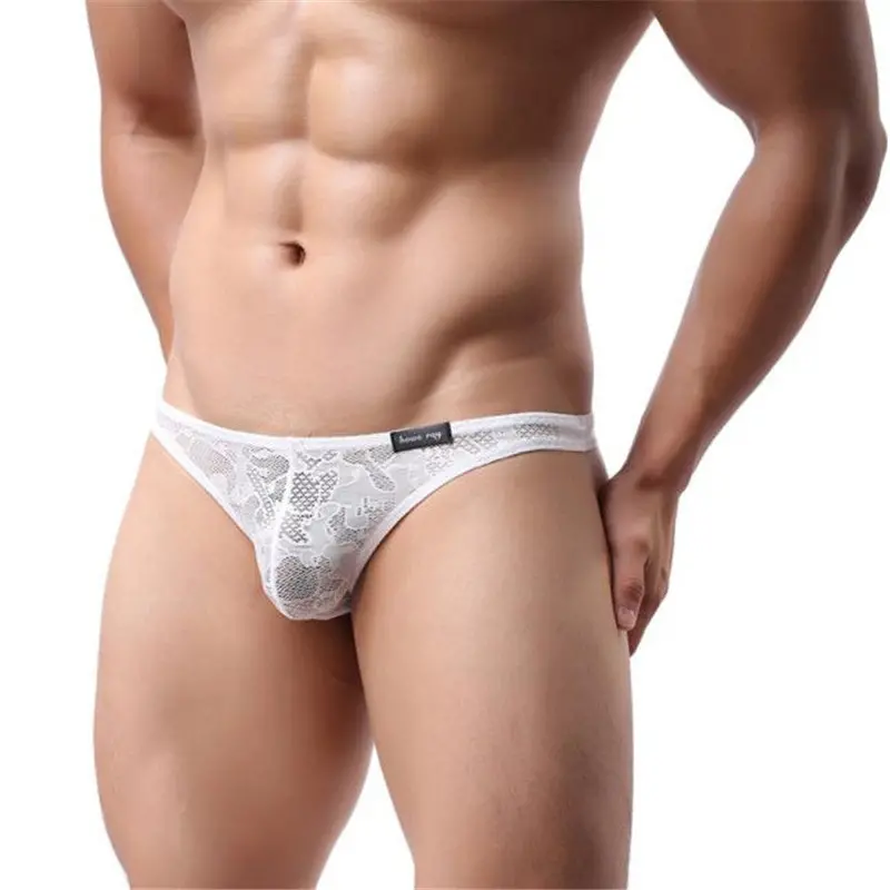 Men Lace T-Back Briefs Translucent Triangle Breathable Underpants Sexy Underwear 11