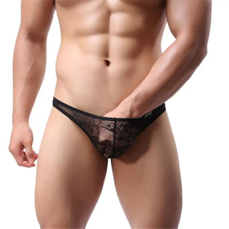Men Lace T-Back Briefs Translucent Triangle Breathable Underpants Sexy Underwear 8