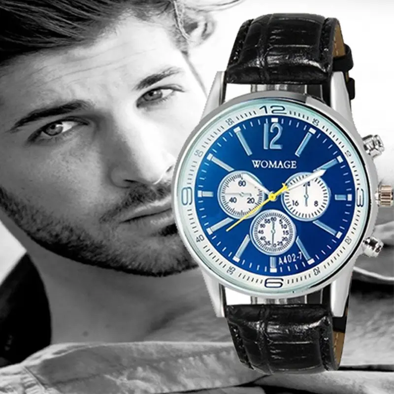 Men Watch Clock Luxury Business Faux Leather Mens Blue Ray Glass Quartz Analog Watches Relogio Masculino Watches 1