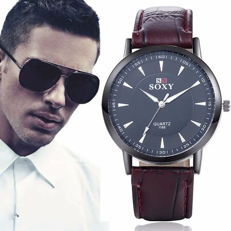 Men Watch Cock Stainless Steel Leather Band Analog Quartz Business Military Wrist Watch Relogio Masculino Gift 1