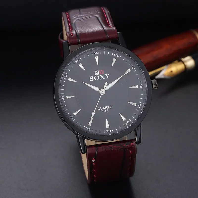 Men Watch Cock Stainless Steel Leather Band Analog Quartz Business Military Wrist Watch Relogio Masculino Gift 2