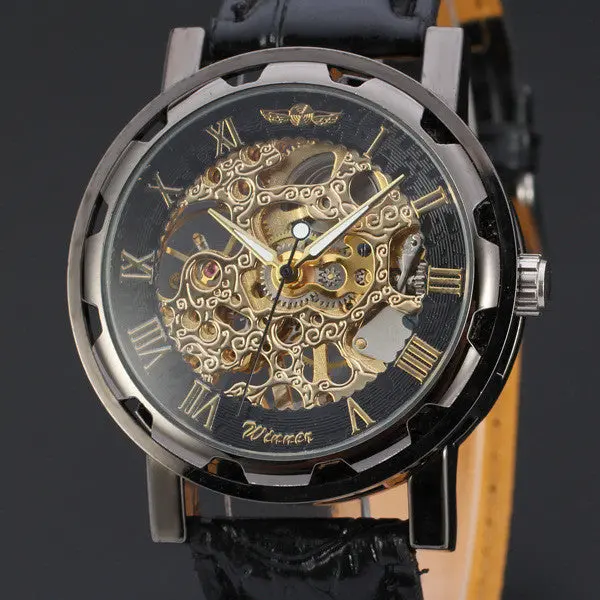 Men Watch Top Luxury Classic Pu Leather Dial Skeleton Mechanical Military Army Relogio Masculino Watch 1