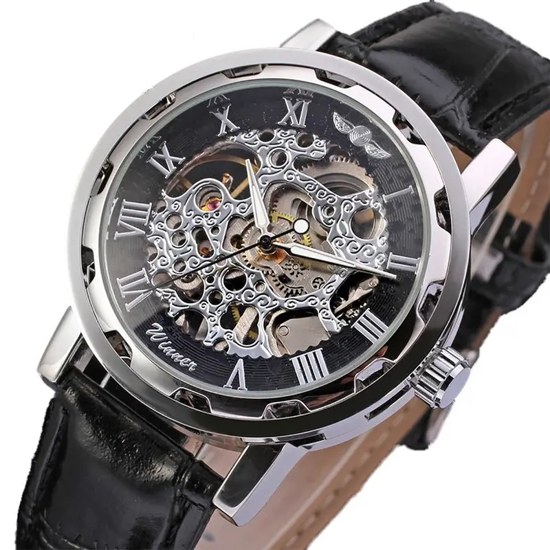 Men Watches Top Luxury Military Army Classic Black Leather Skeleton Mechanical Watch Relogio Masculino 2