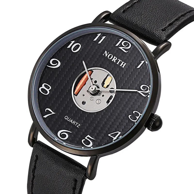 Men Wrist Watch North Leather Waterproof Hollow Quartz Analog Men's Quartz Watch Reloj Hombre Feida 1