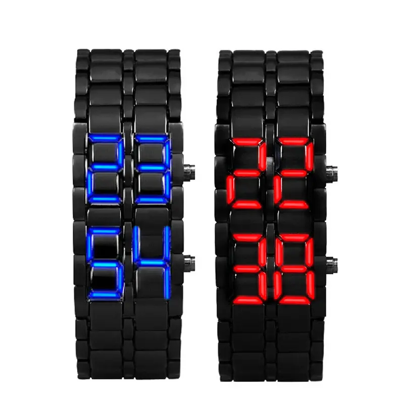 Men Wristwatches 2X Lava Style Iron Samurai Black Bracelet Led Japanese Inspired Watch Red / Blue Relogio Feminino Sale Feida 1