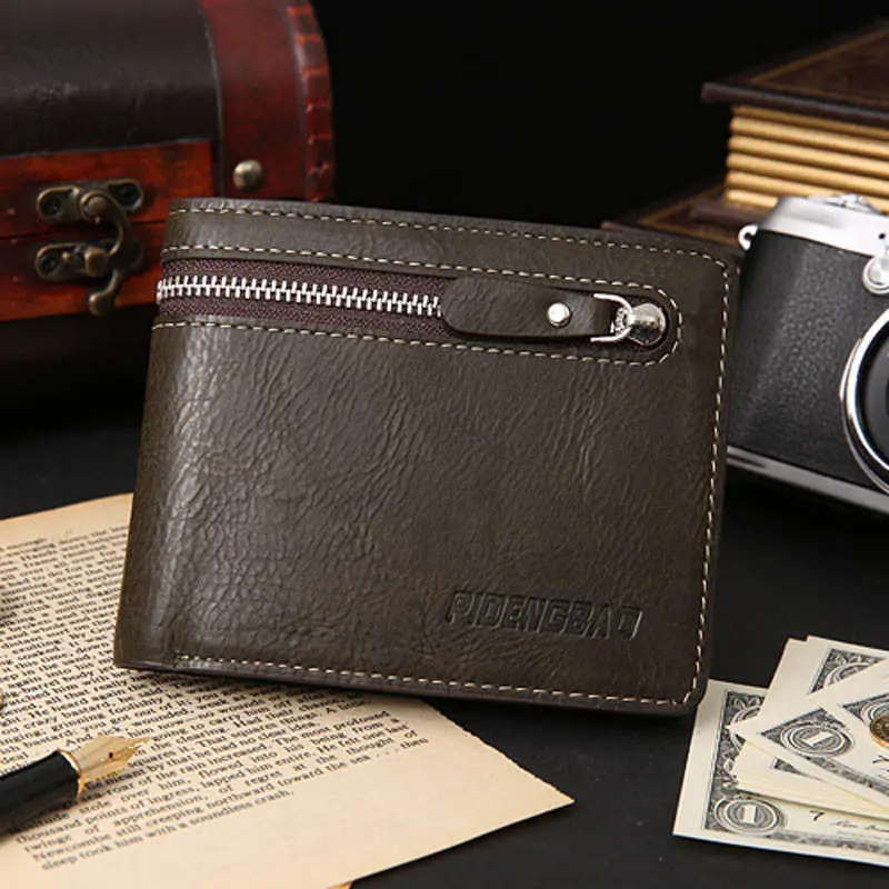 Mens Retro Zipper Leather Bifold Wallet Credit Id Card Holder Purse 1