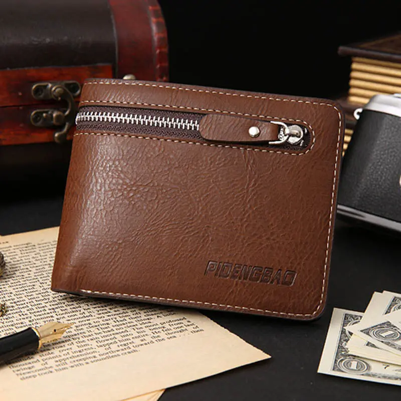 Mens Retro Zipper Leather Bifold Wallet Credit Id Card Holder Purse 2