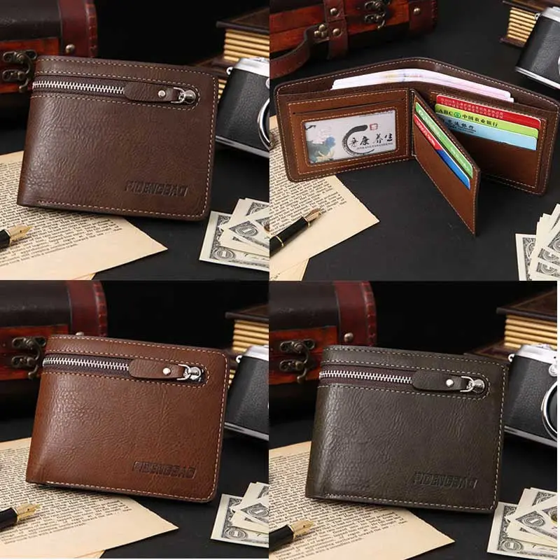 Mens Retro Zipper Leather Bifold Wallet Credit Id Card Holder Purse 3