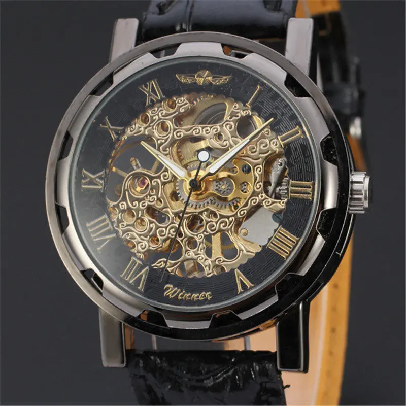 Mens Watches Top Luxury Classic Men's Black Leather Dial Skeleton Mechanical Sport Army Wrist Watch Feida 1