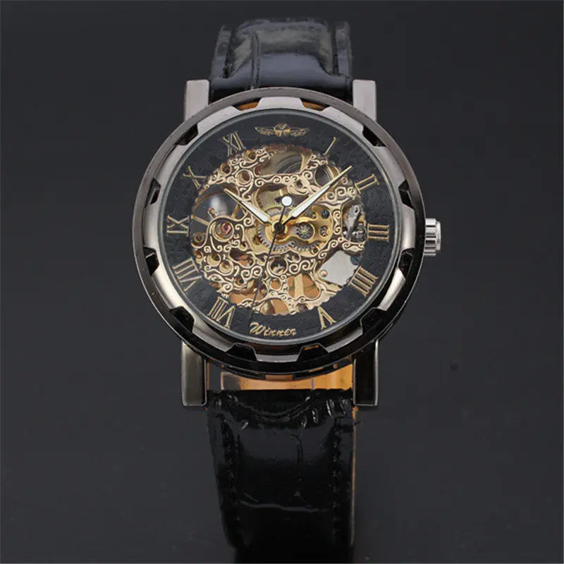 Mens Watches Top Luxury Classic Men's Black Leather Dial Skeleton Mechanical Sport Army Wrist Watch Feida 2