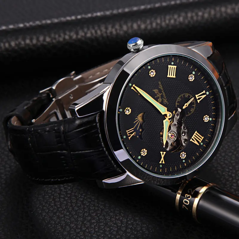 Mens Watches Top Luxury Mechanical Watch Men Business Leather Band Skeleton Wrist Watch Relogio Masculino Feida 1