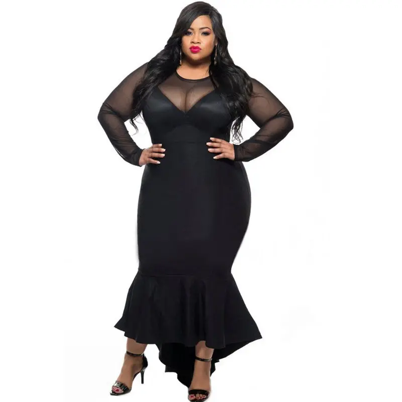 Mermaid Evening Long Party Dress Black See Through Mesh Long Sleeve Sexy Plus Size Dress Xxxl Clothing 1
