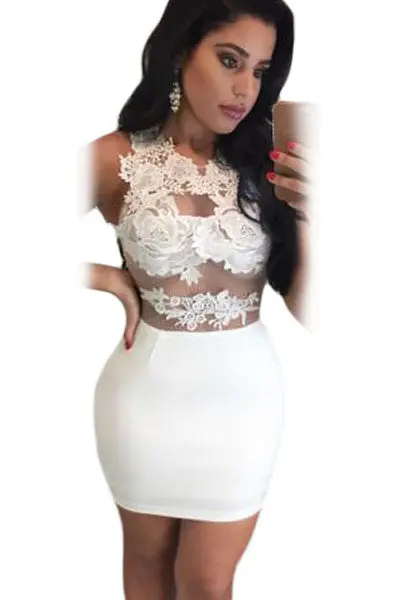 Mesh Floral Lace Patchwork Mini Dress Sexy White Bodycon Dress Sleeveless Wo 1
