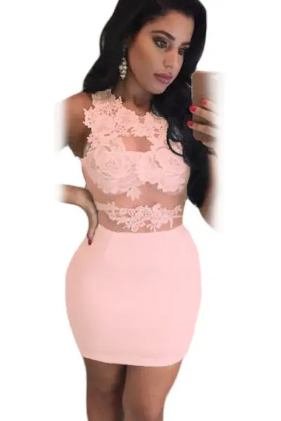 Mesh Floral Lace Patchwork Mini Dress Sexy White Bodycon Dress Sleeveless Wo 8