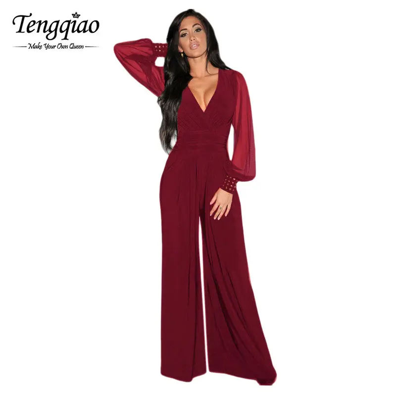 Mesh Long Sleeve Romper Red Wide Leg Jumpsuit Elegant Sexy Deep V Neck Rompers Jumpsuit Long Pants 6650 1