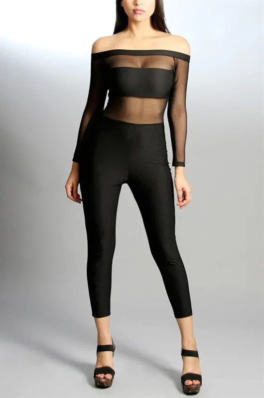 Mesh Top Long-Sleeve Jumpsuit Long Pants Sexy Club Off Shoulder Bodycon Sheer Jumpsuit Romper For 6618 1