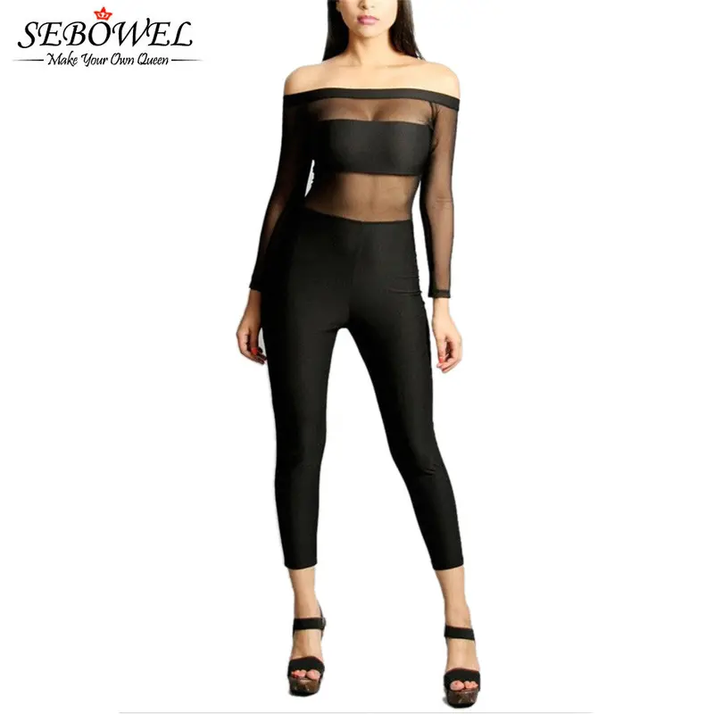 Mesh Top Long-Sleeve Jumpsuit Long Pants Sexy Club Off Shoulder Bodycon Sheer Jumpsuit Romper For 6618 2